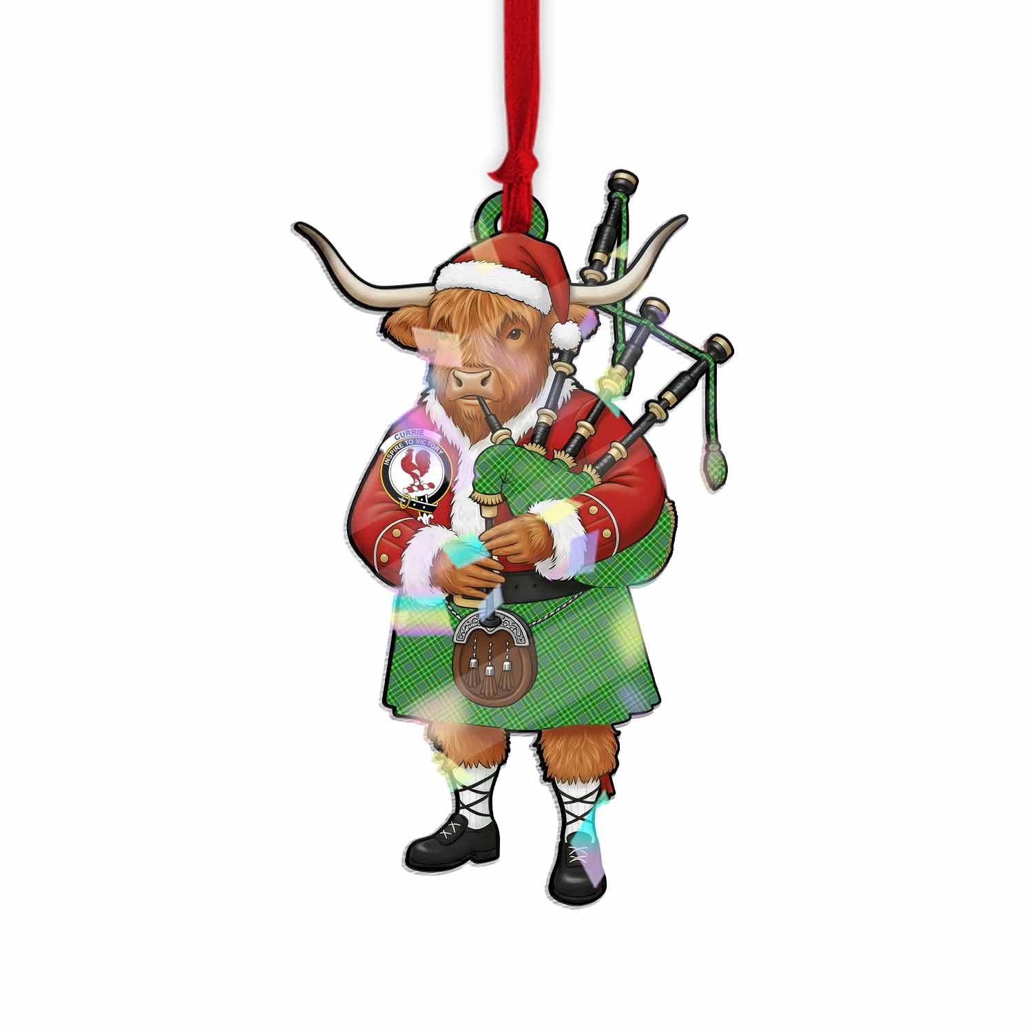 Currie Tartan Crest Christmas Highland Cow Bagpipes Hologram Ornament