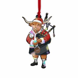 Fletcher Tartan Crest Christmas Highland Cow Bagpipes Hologram Ornament