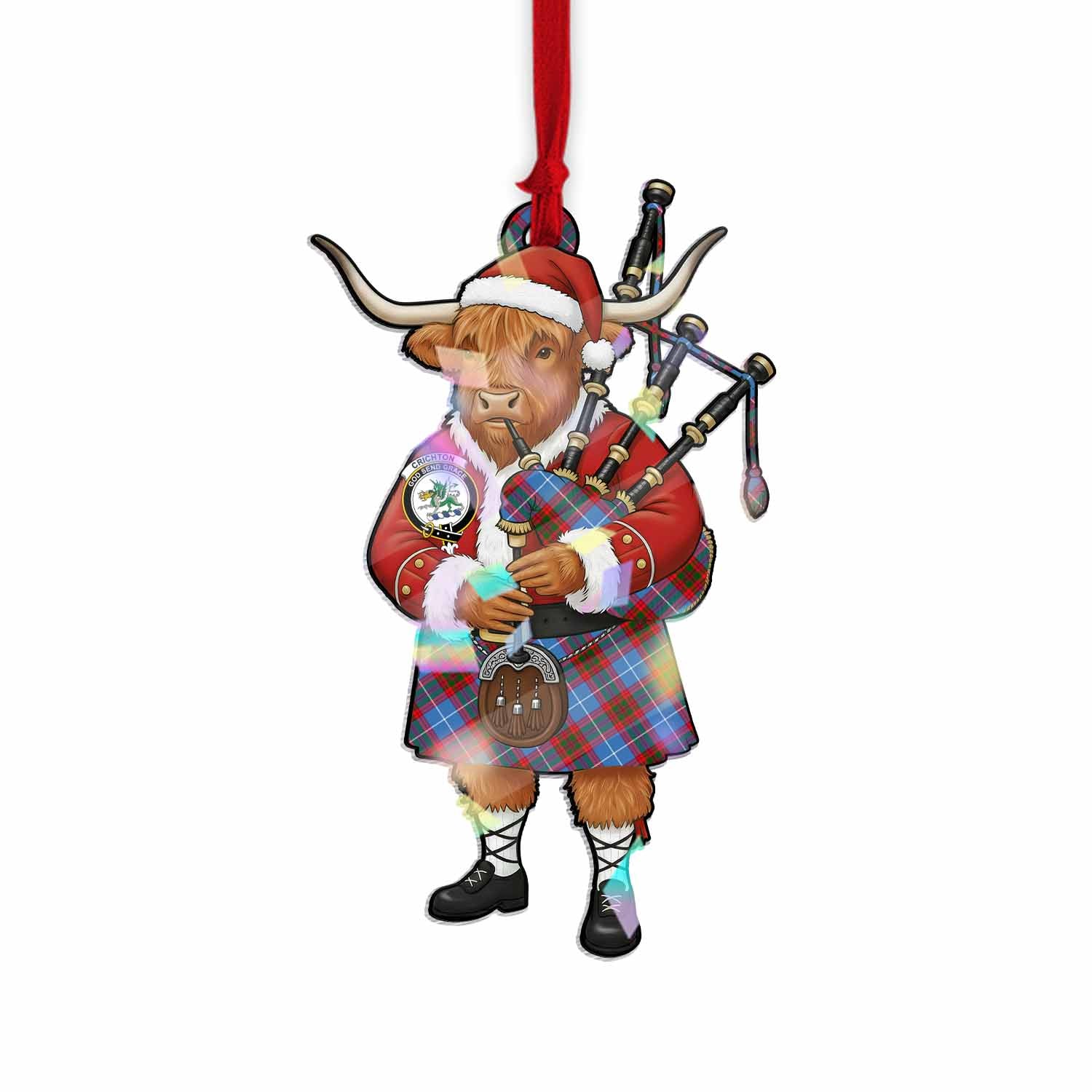 Crichton (Crighton) Tartan Crest Christmas Highland Cow Bagpipes Hologram Ornament