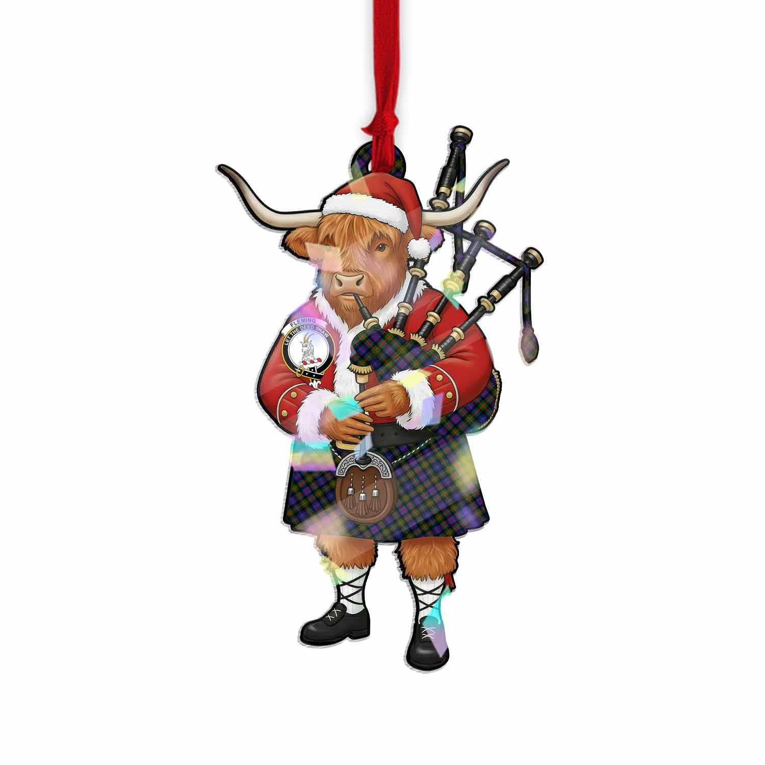 Fleming Tartan Crest Christmas Highland Cow Bagpipes Hologram Ornament