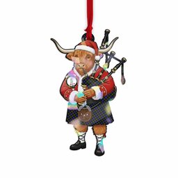 Fleming Tartan Crest Christmas Highland Cow Bagpipes Hologram Ornament