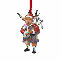 Bethune Tartan Crest Christmas Highland Cow Bagpipes Hologram Ornament