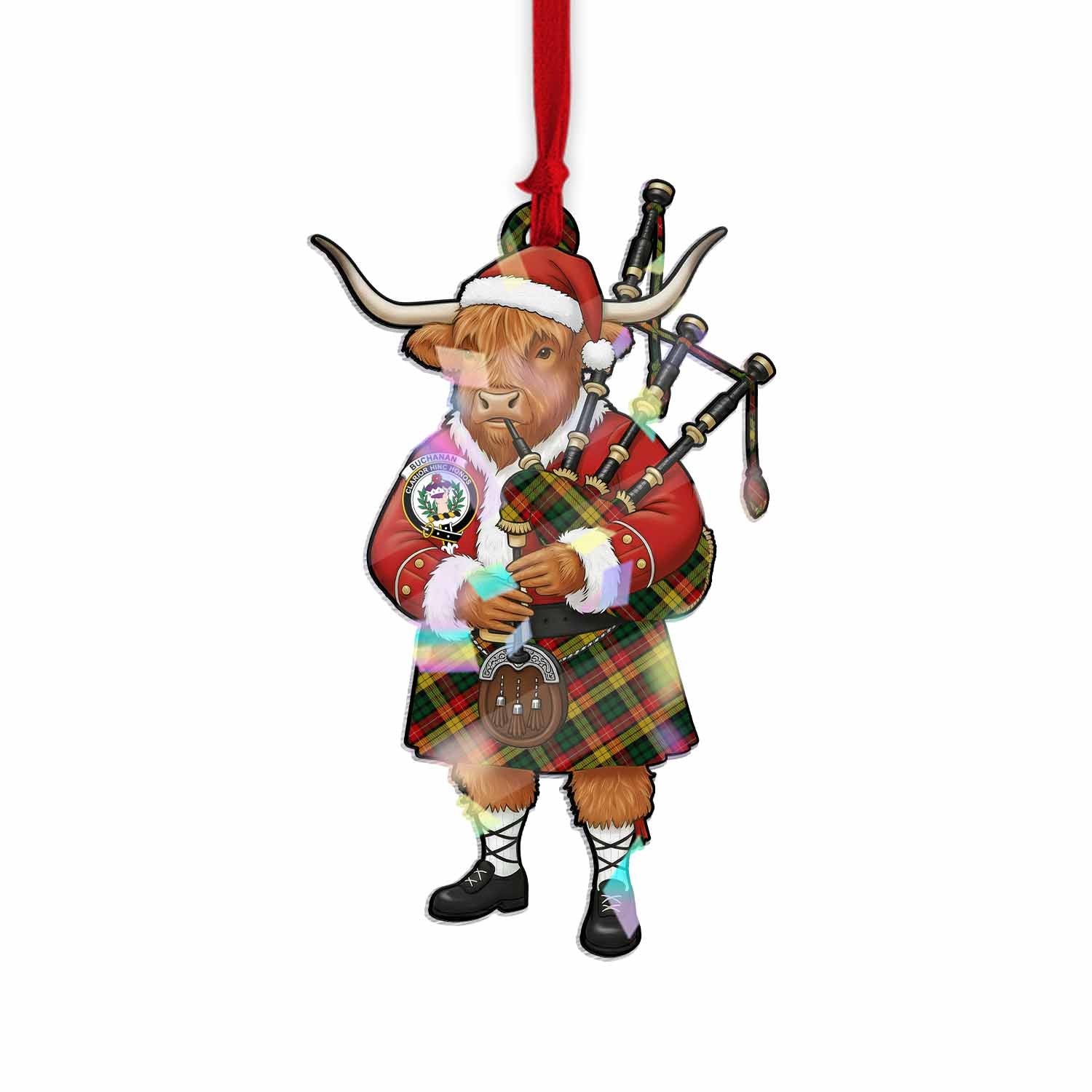 Buchanan Tartan Crest Christmas Highland Cow Bagpipes Hologram Ornament