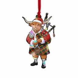 Buchanan Tartan Crest Christmas Highland Cow Bagpipes Hologram Ornament