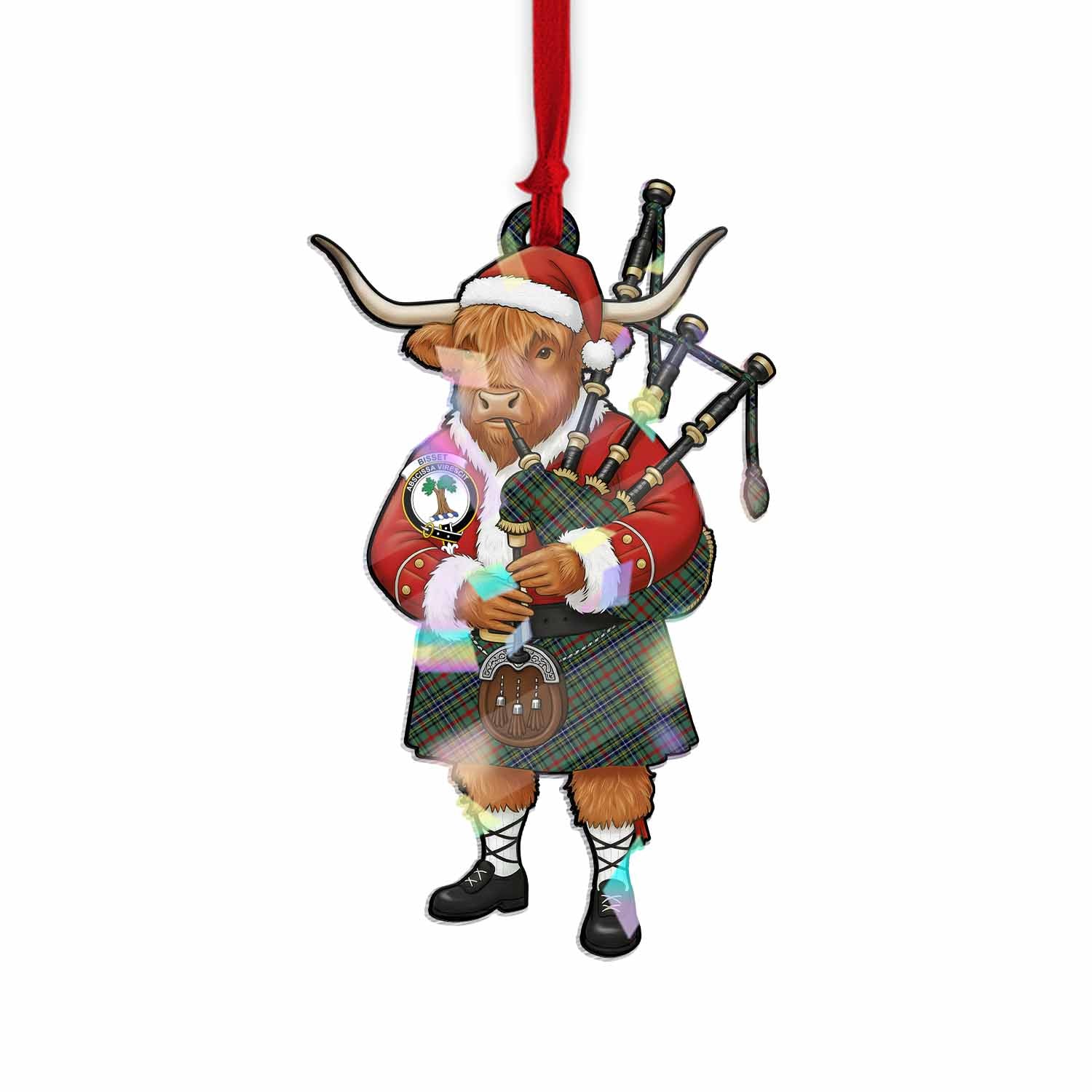 Bisset Tartan Crest Christmas Highland Cow Bagpipes Hologram Ornament