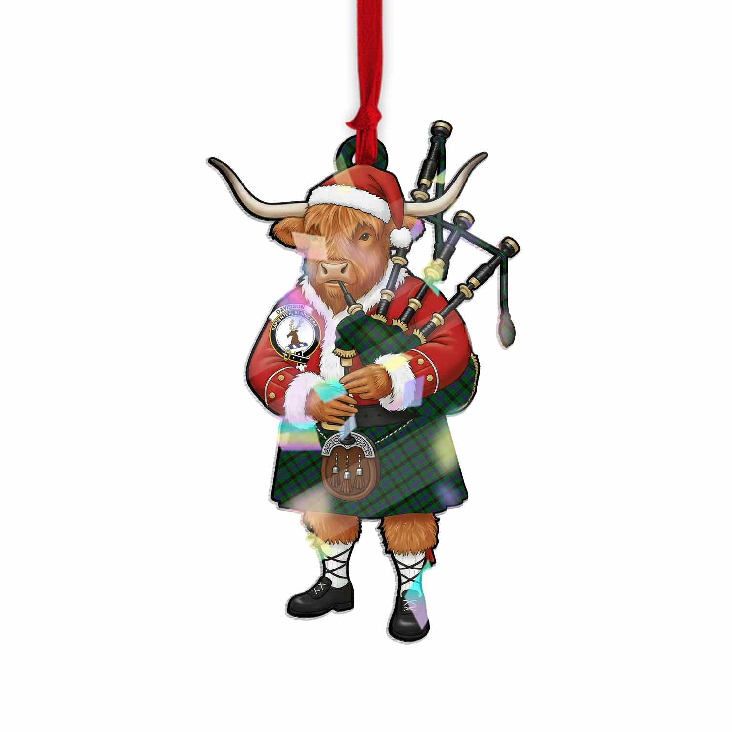 Davidson Tartan Crest Christmas Highland Cow Bagpipes Hologram Ornament