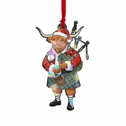 Cathcart Tartan Crest Christmas Highland Cow Bagpipes Hologram Ornament