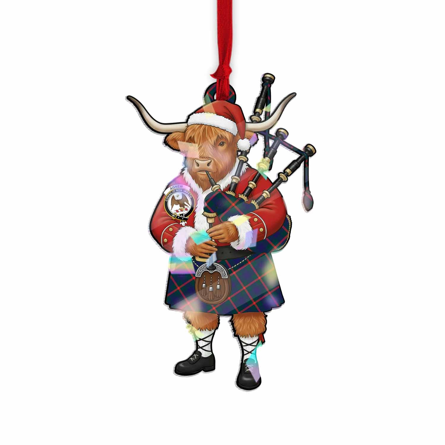 Agnew Tartan Crest Christmas Highland Cow Bagpipes Hologram Ornament