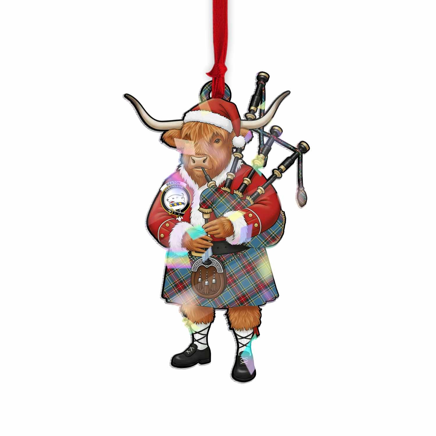 Beaton Tartan Crest Christmas Highland Cow Bagpipes Hologram Ornament