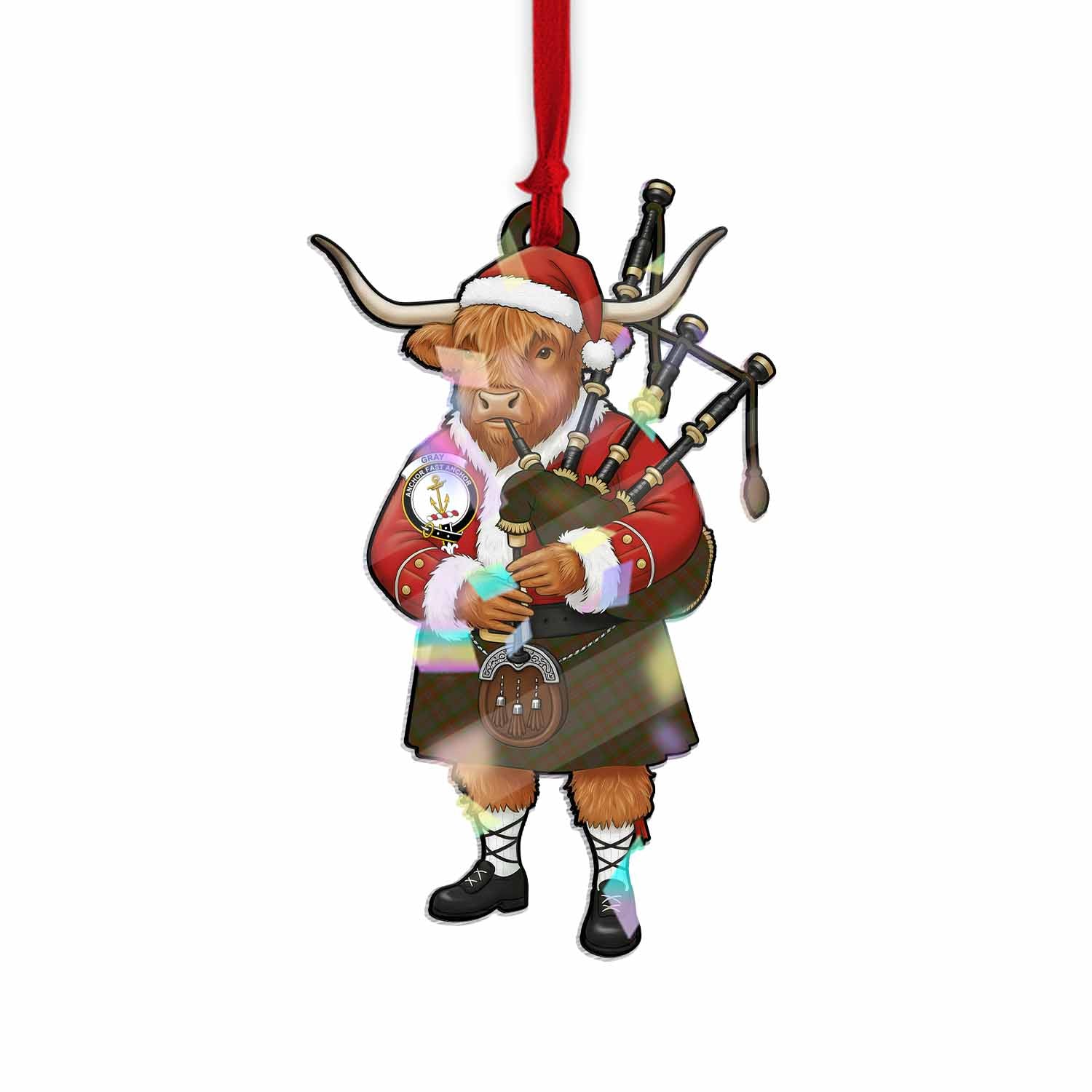 Gray Tartan Crest Christmas Highland Cow Bagpipes Hologram Ornament