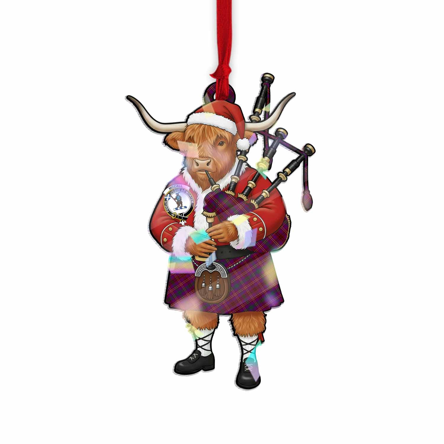 McCall (Caithness) Tartan Crest Christmas Highland Cow Bagpipes Hologram Ornament