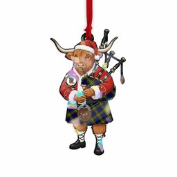 Moore Tartan Crest Christmas Highland Cow Bagpipes Hologram Ornament