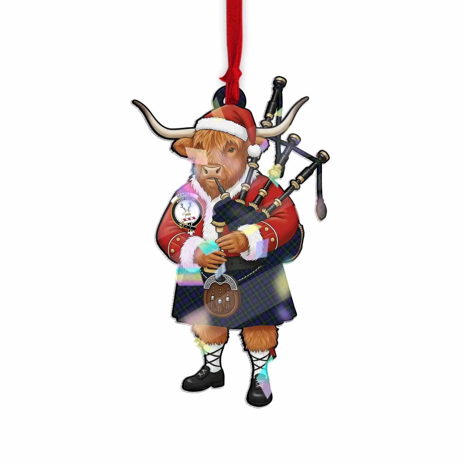 Sempill (Semple) Tartan Crest Christmas Highland Cow Bagpipes Hologram Ornament