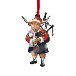 Sempill (Semple) Tartan Crest Christmas Highland Cow Bagpipes Hologram Ornament