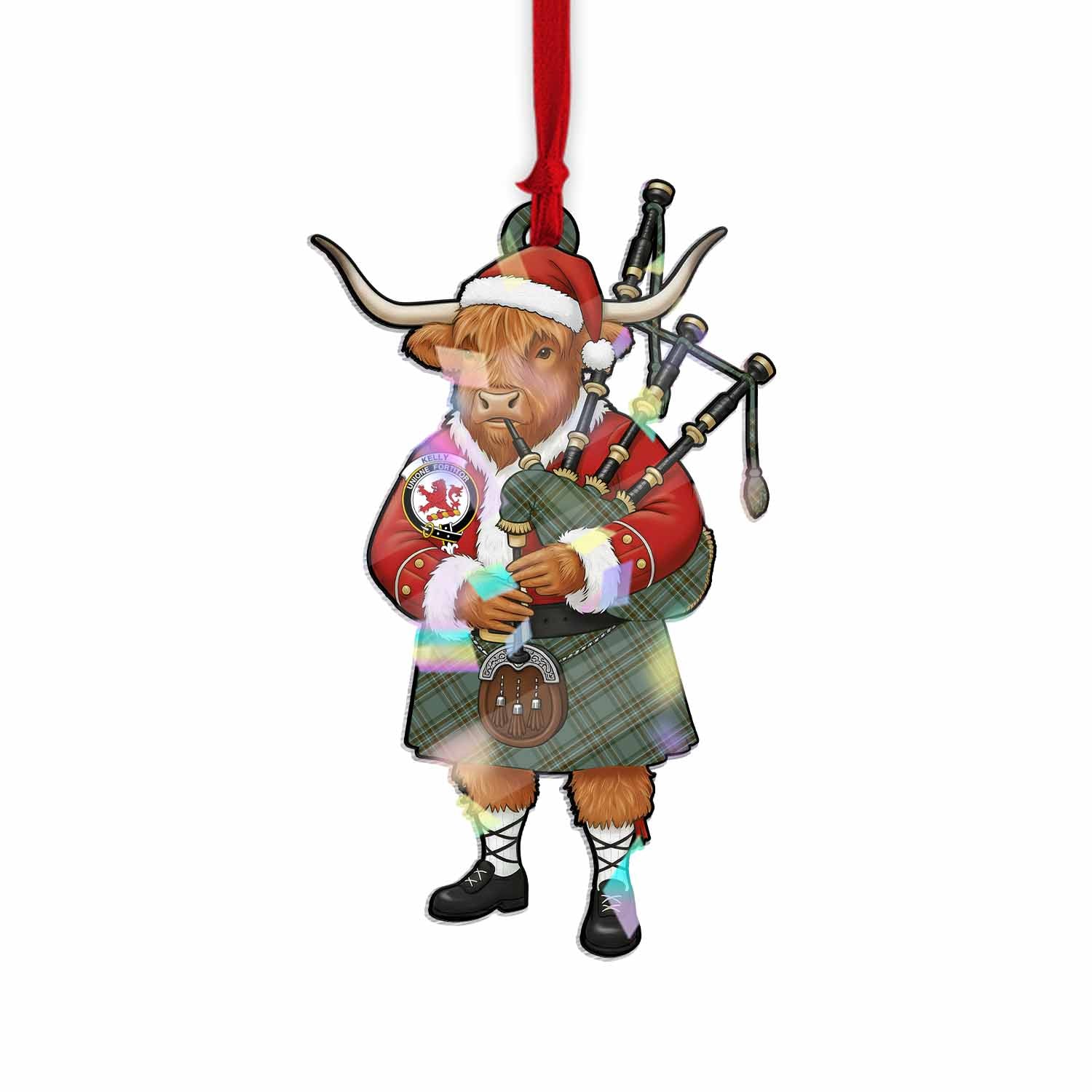 Kelly Tartan Crest Christmas Highland Cow Bagpipes Hologram Ornament