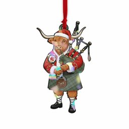 Kelly Tartan Crest Christmas Highland Cow Bagpipes Hologram Ornament