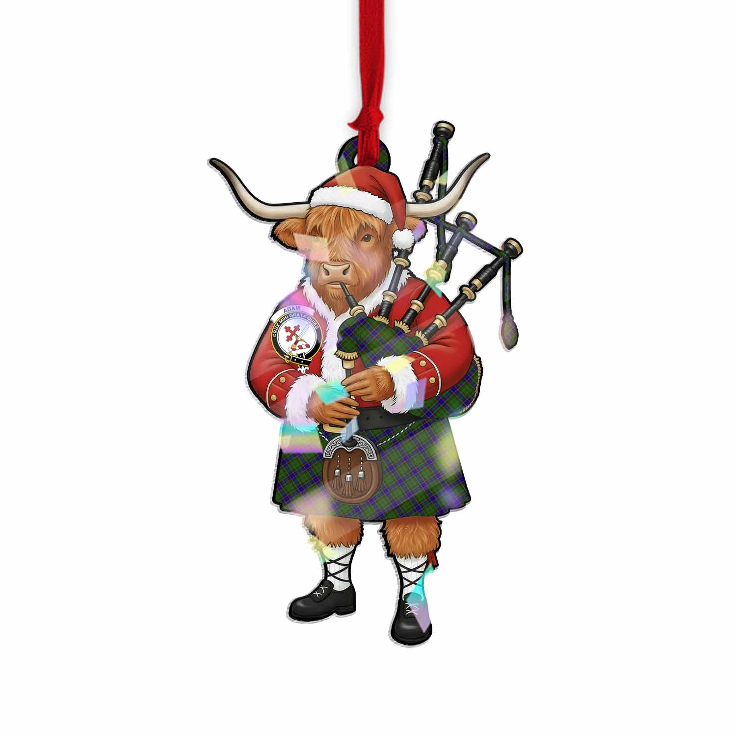 Adam Tartan Crest Christmas Highland Cow Bagpipes Hologram Ornament