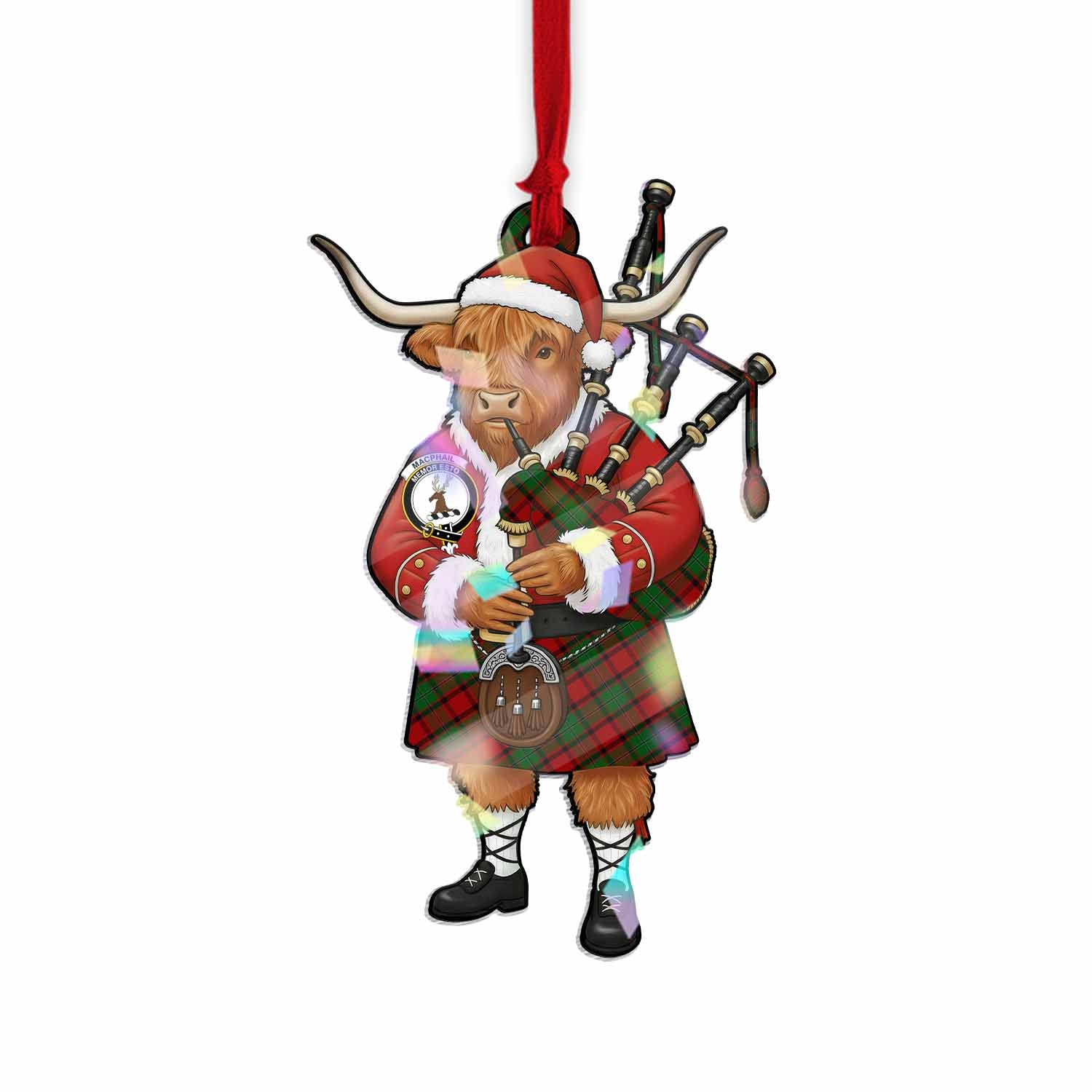 MacPhail (McPhail) Tartan Crest Christmas Highland Cow Bagpipes Hologram Ornament