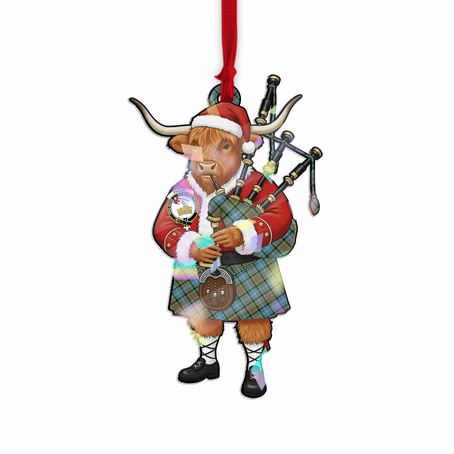 Paisley Tartan Crest Christmas Highland Cow Bagpipes Hologram Ornament