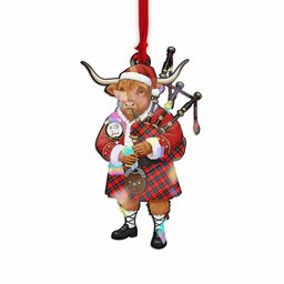 Ruthven Tartan Crest Christmas Highland Cow Bagpipes Hologram Ornament