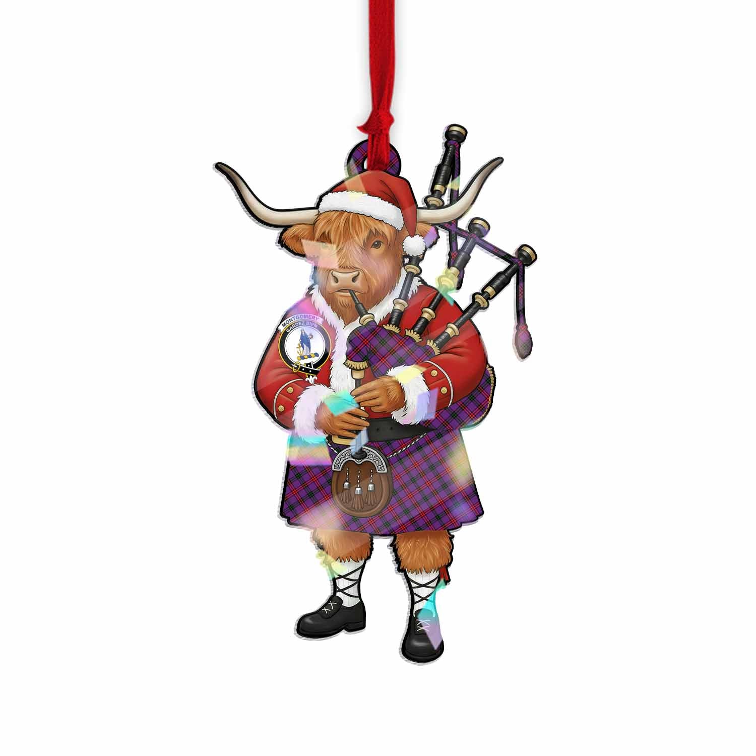 Montgomery Tartan Crest Christmas Highland Cow Bagpipes Hologram Ornament