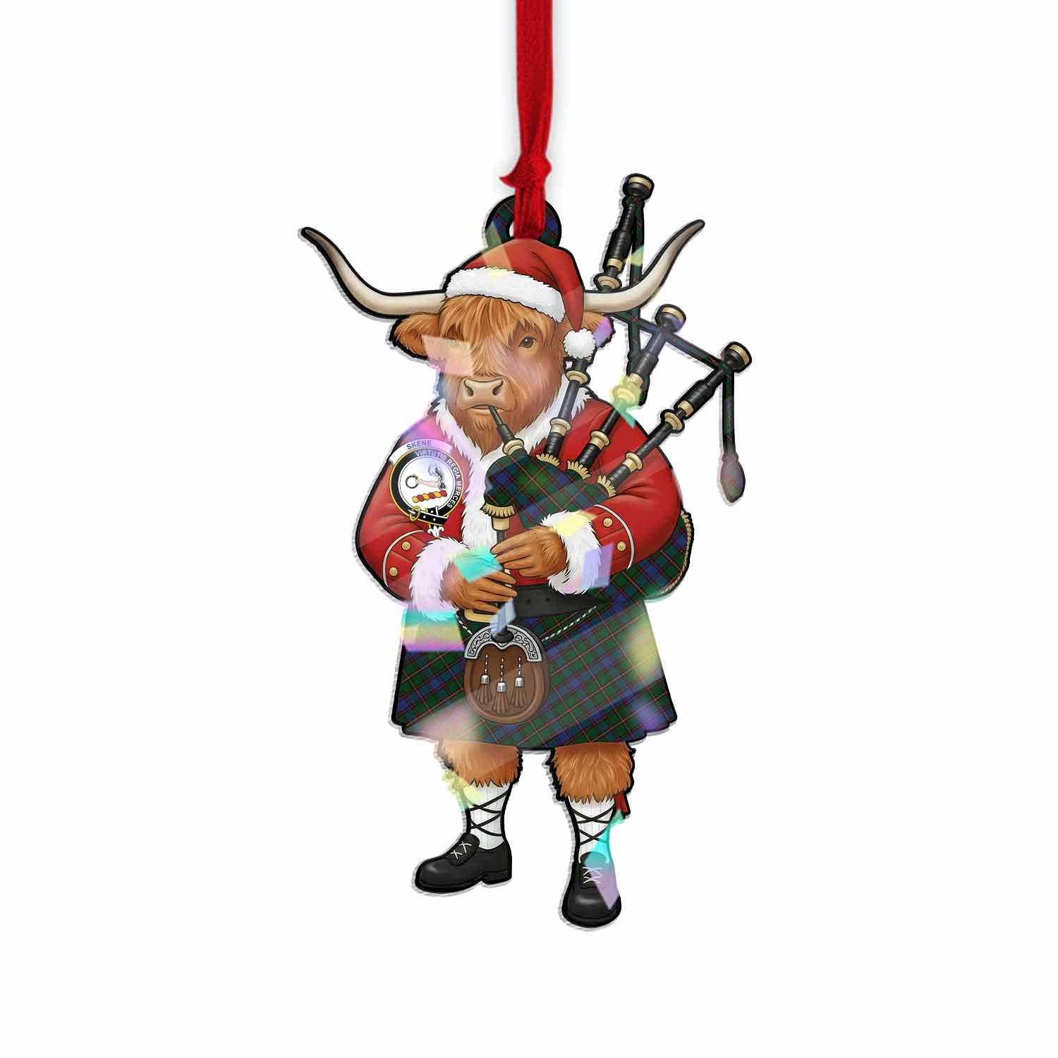 Skene Tartan Crest Christmas Highland Cow Bagpipes Hologram Ornament