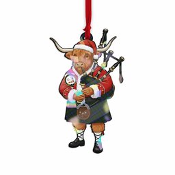 Skene Tartan Crest Christmas Highland Cow Bagpipes Hologram Ornament