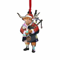 Urquhart Tartan Crest Christmas Highland Cow Bagpipes Hologram Ornament