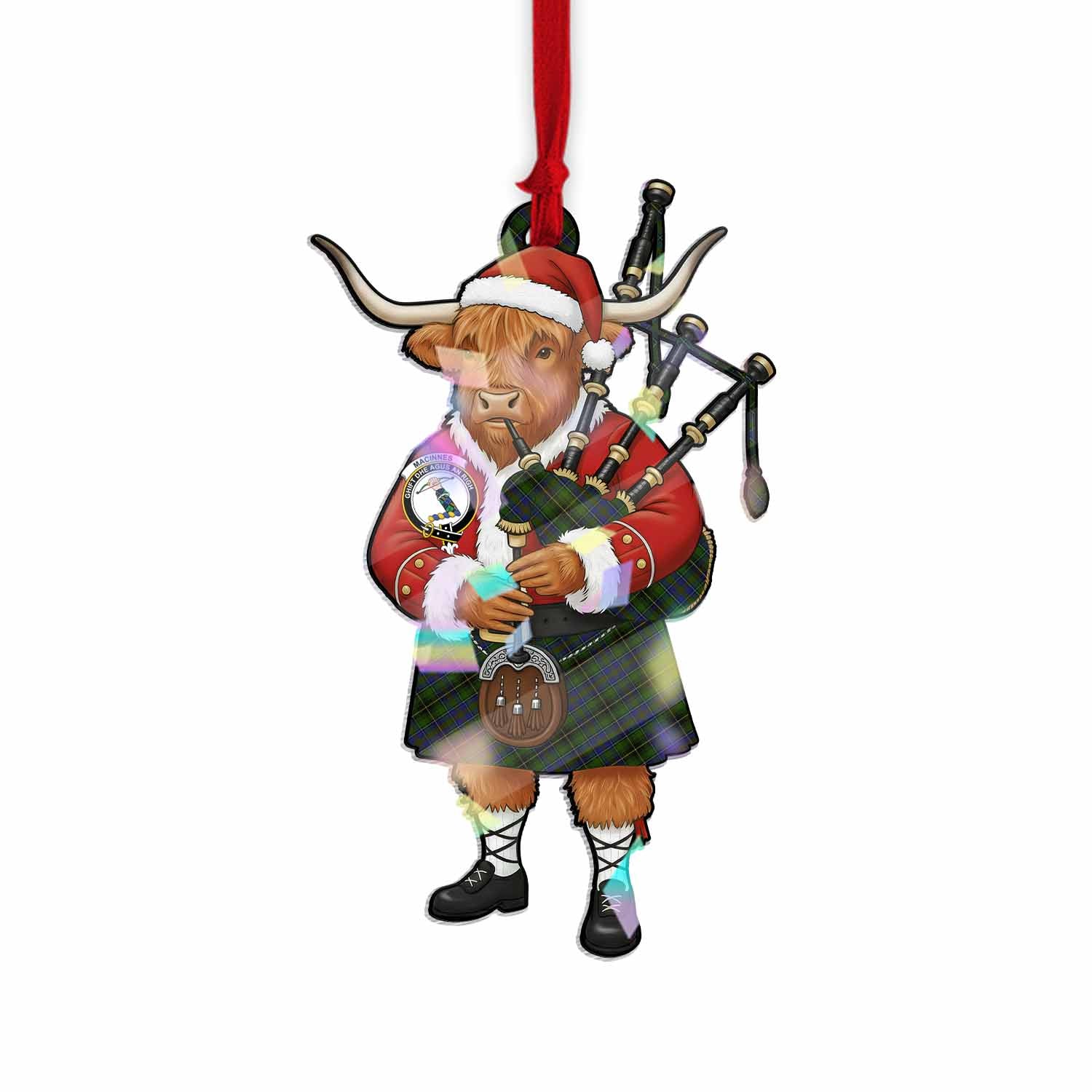 MacInnes (McInnes) Tartan Crest Christmas Highland Cow Bagpipes Hologram Ornament