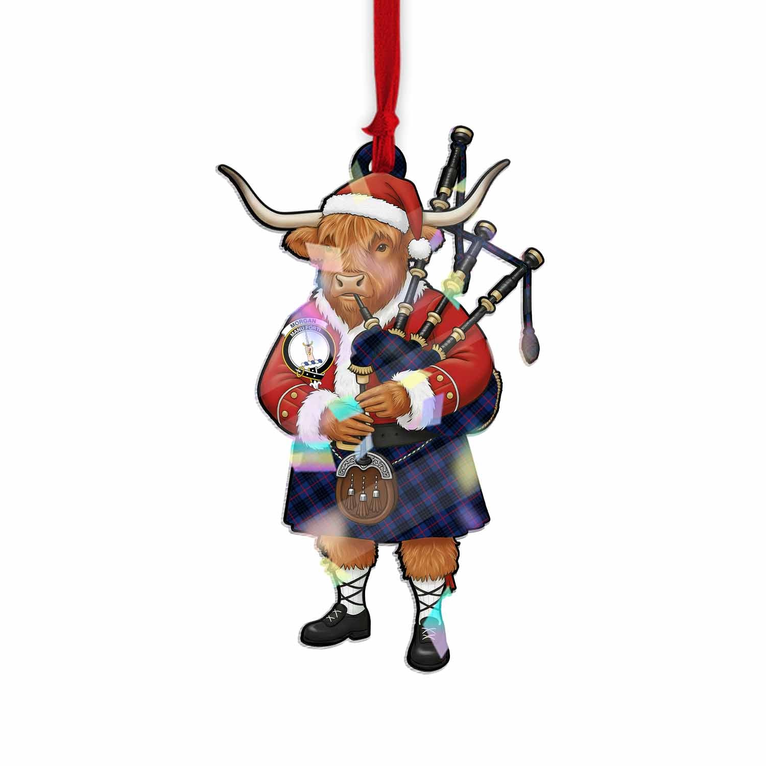 Morgan Tartan Crest Christmas Highland Cow Bagpipes Hologram Ornament