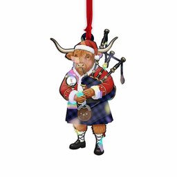 Morgan Tartan Crest Christmas Highland Cow Bagpipes Hologram Ornament