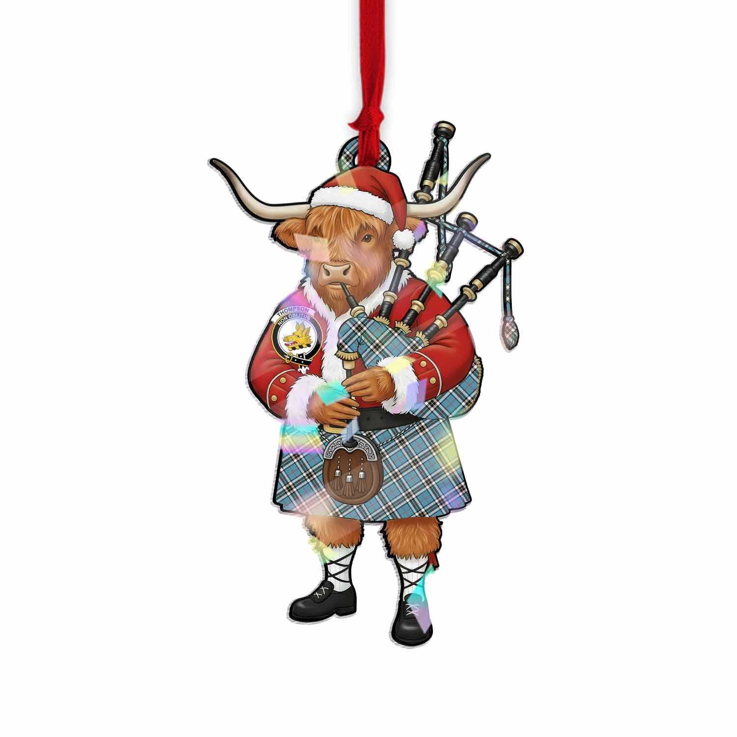 Thompson (Thomson) Tartan Crest Christmas Highland Cow Bagpipes Hologram Ornament