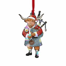 Thompson (Thomson) Tartan Crest Christmas Highland Cow Bagpipes Hologram Ornament
