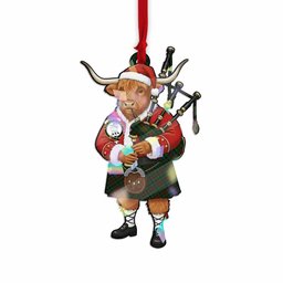 Tennant Tartan Crest Christmas Highland Cow Bagpipes Hologram Ornament