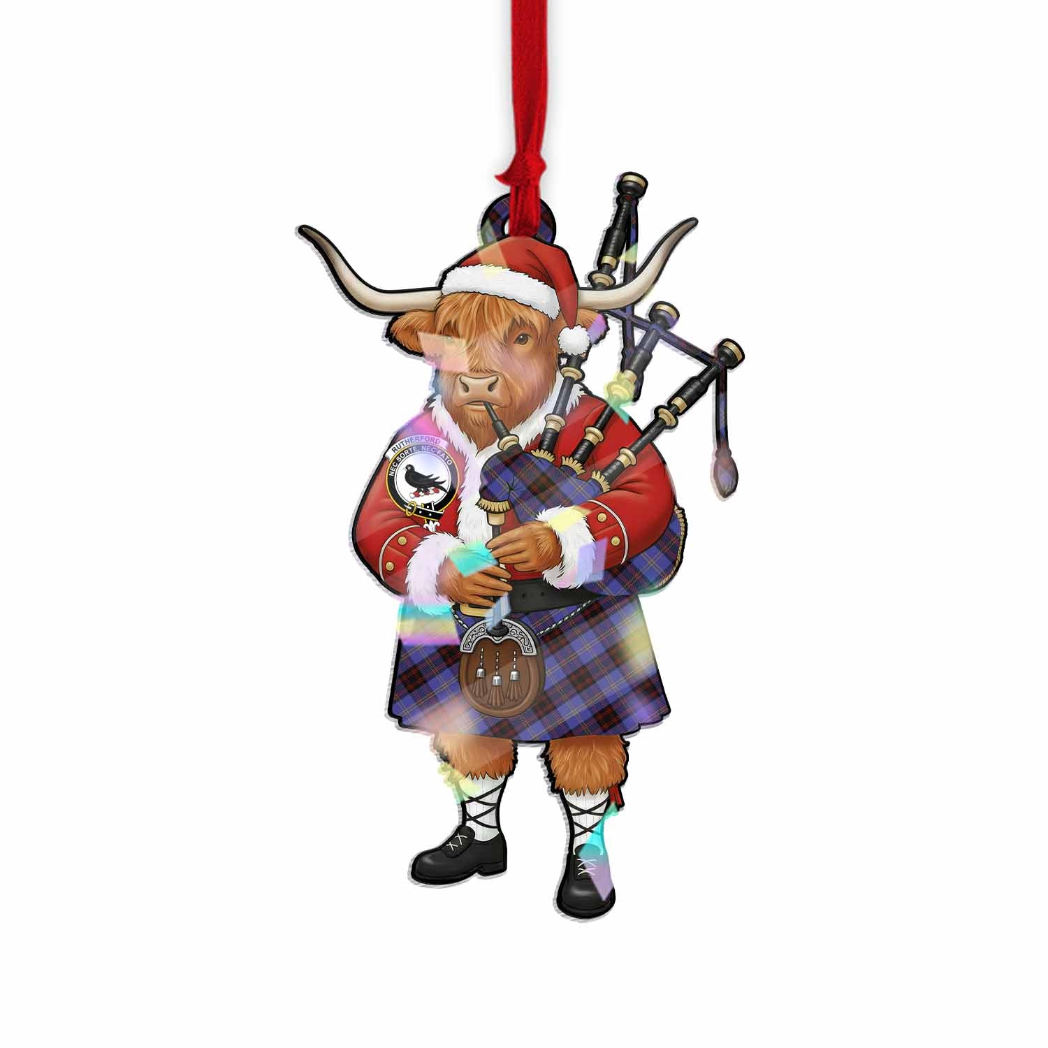 Rutherford Tartan Crest Christmas Highland Cow Bagpipes Hologram Ornament