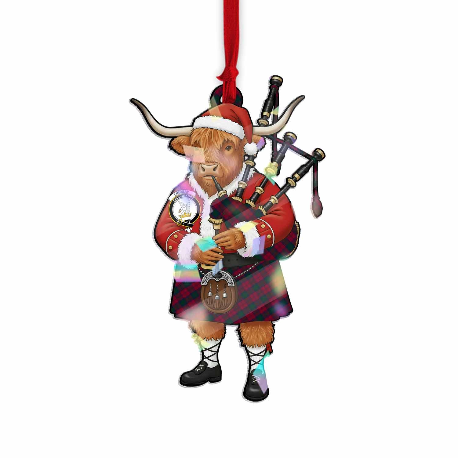 Lindsay Tartan Crest Christmas Highland Cow Bagpipes Hologram Ornament