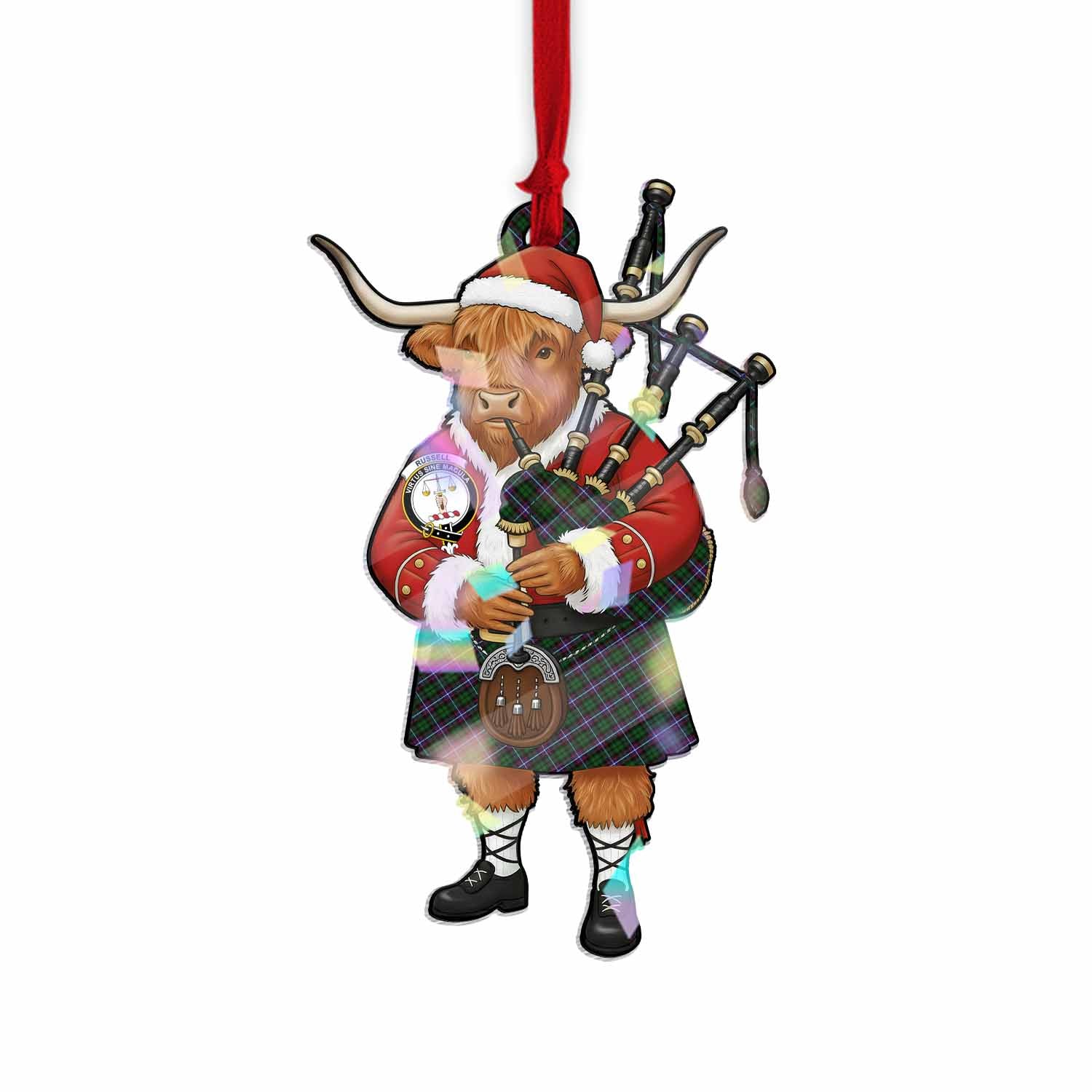 Russell Tartan Crest Christmas Highland Cow Bagpipes Hologram Ornament