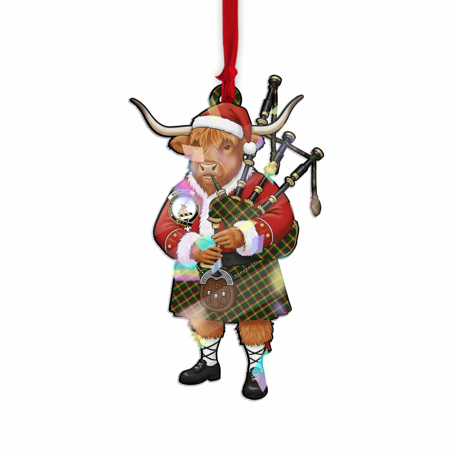 MacMillan (McMillan) Tartan Crest Christmas Highland Cow Bagpipes Hologram Ornament