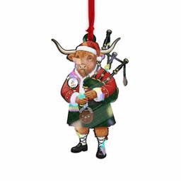 MacRae (McRae) Tartan Crest Christmas Highland Cow Bagpipes Hologram Ornament