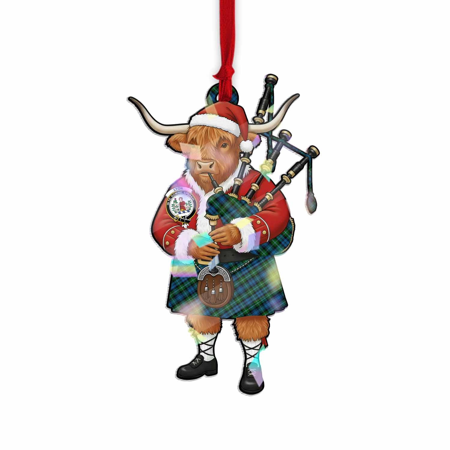 Lyon Tartan Crest Christmas Highland Cow Bagpipes Hologram Ornament