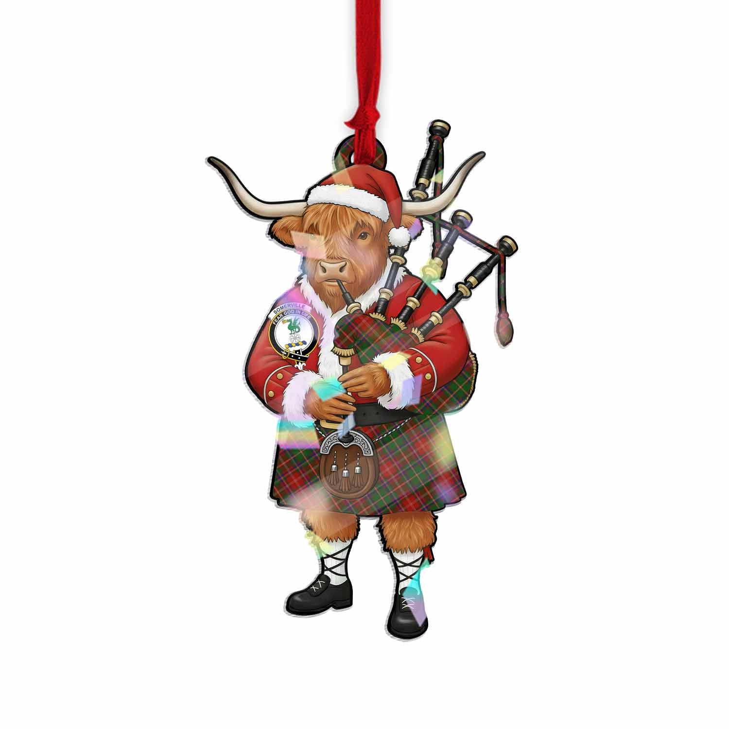 Somerville Tartan Crest Christmas Highland Cow Bagpipes Hologram Ornament