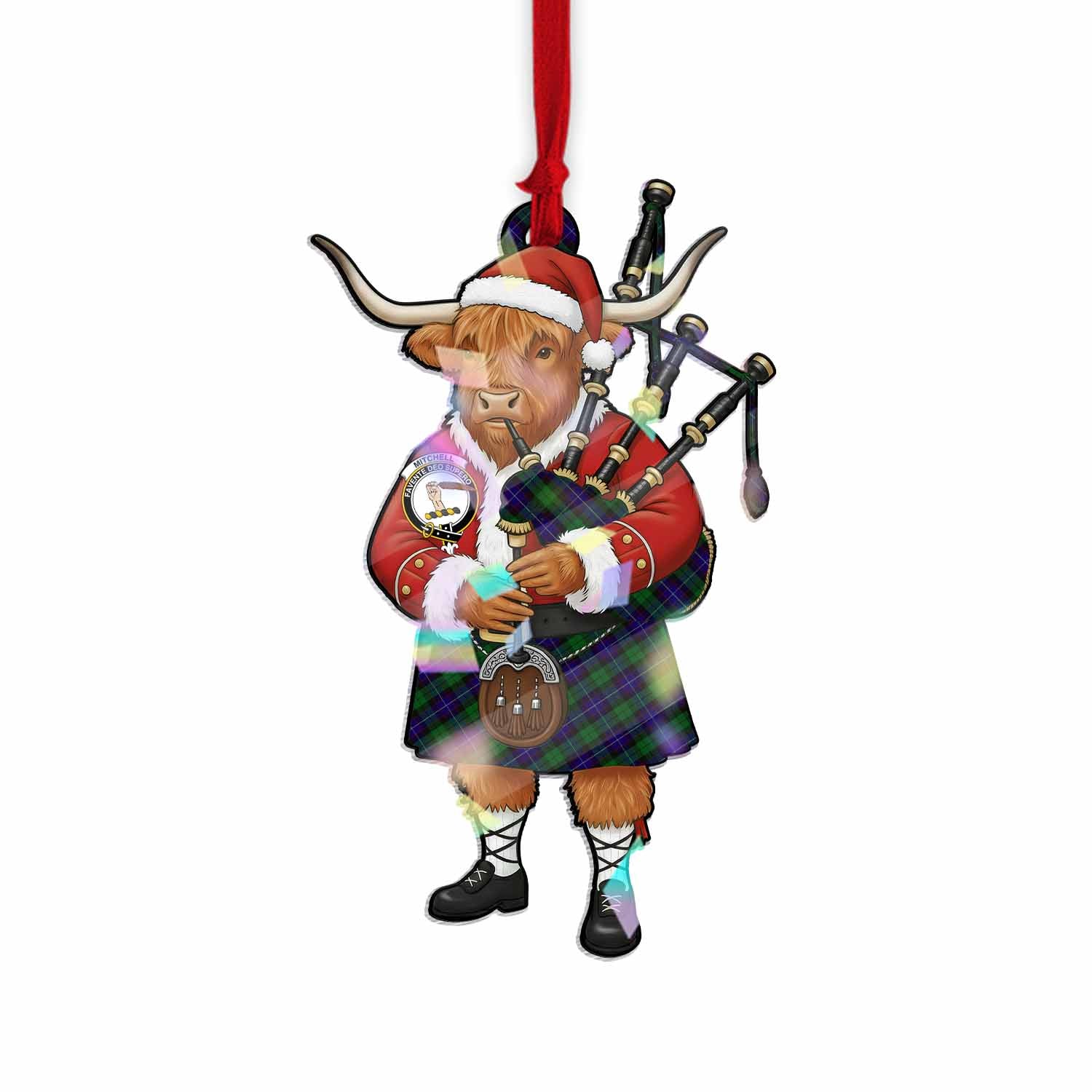 Mitchell Tartan Crest Christmas Highland Cow Bagpipes Hologram Ornament