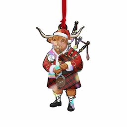 MacQueen (McQueen) Tartan Crest Christmas Highland Cow Bagpipes Hologram Ornament