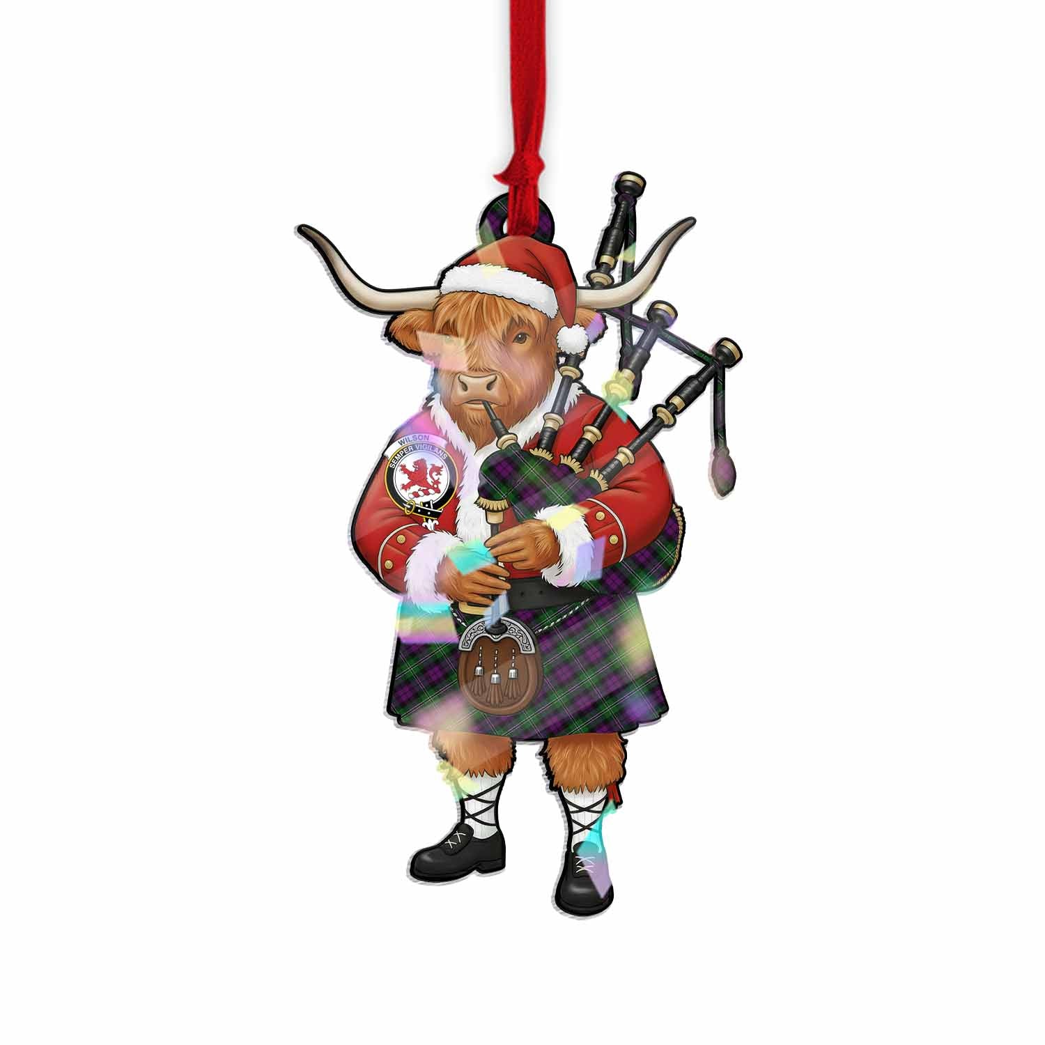 Wilson Tartan Crest Christmas Highland Cow Bagpipes Hologram Ornament