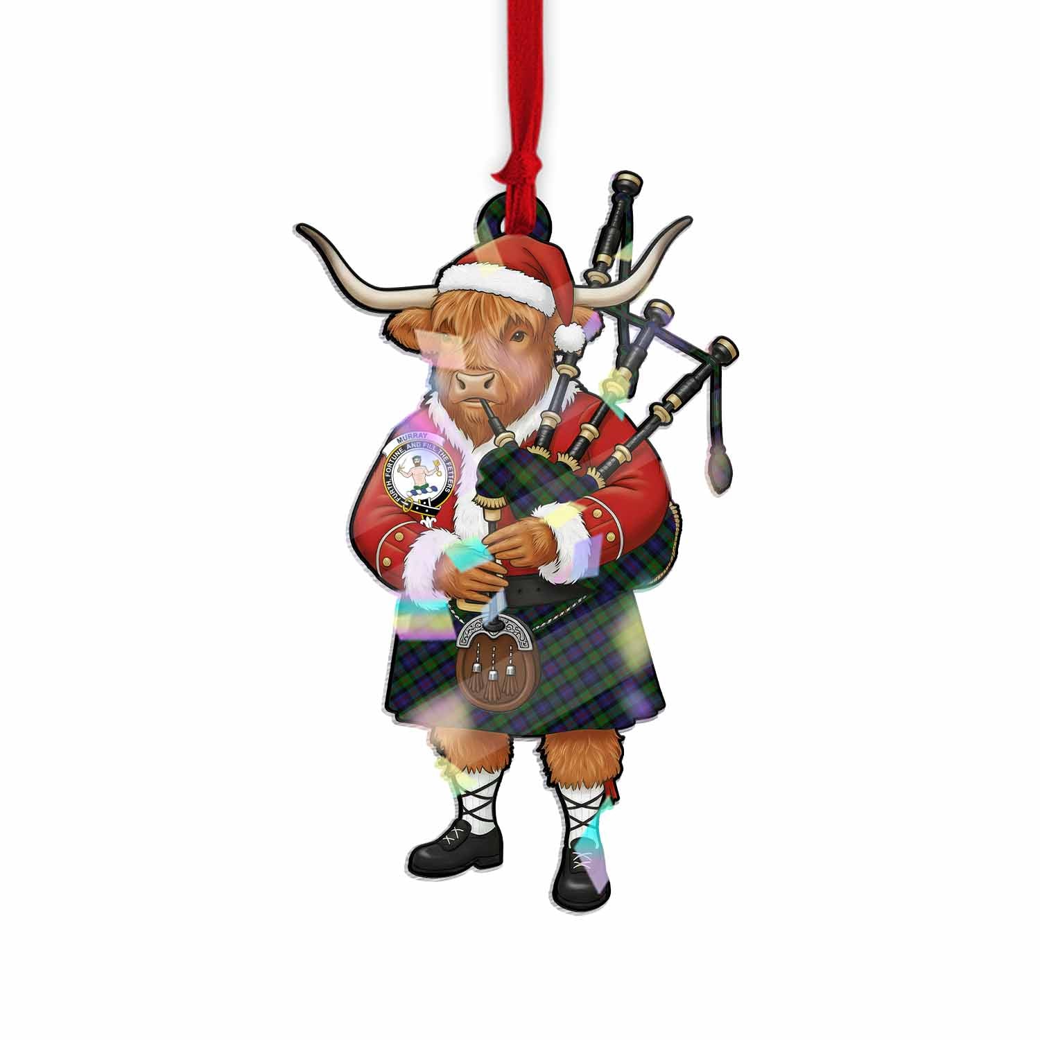 Murray Tartan Crest Christmas Highland Cow Bagpipes Hologram Ornament