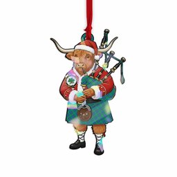 Irvine Tartan Crest Christmas Highland Cow Bagpipes Hologram Ornament