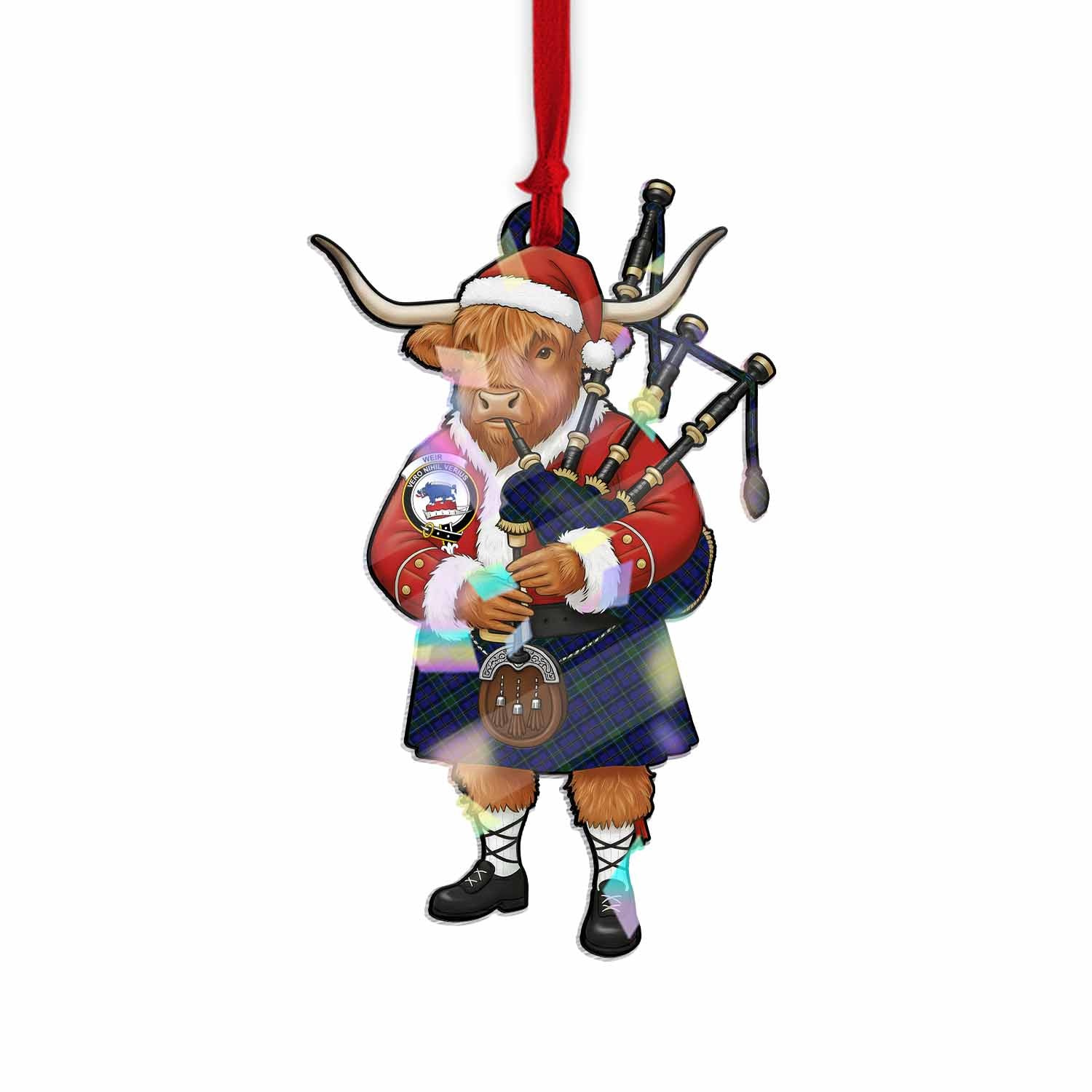Weir Tartan Crest Christmas Highland Cow Bagpipes Hologram Ornament