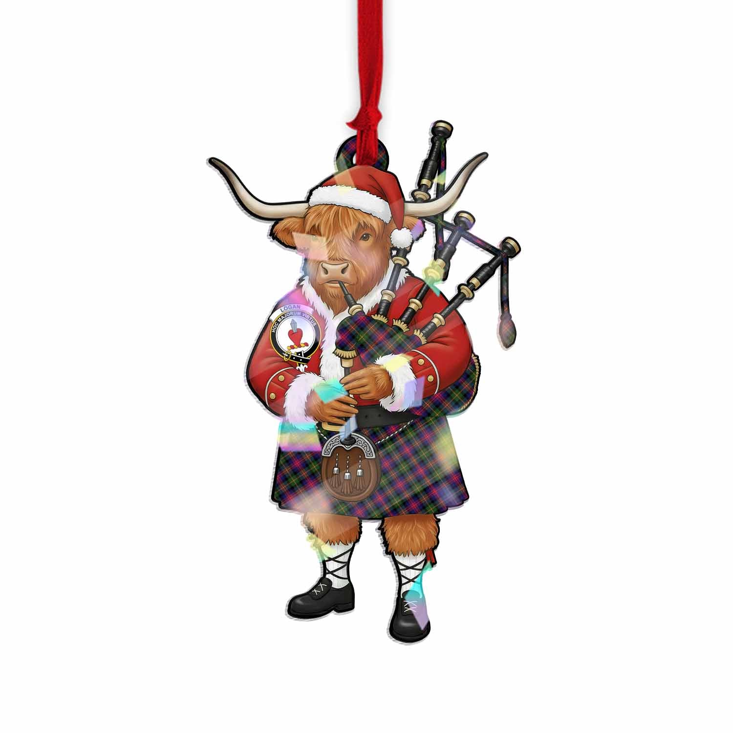 Logan Tartan Crest Christmas Highland Cow Bagpipes Hologram Ornament