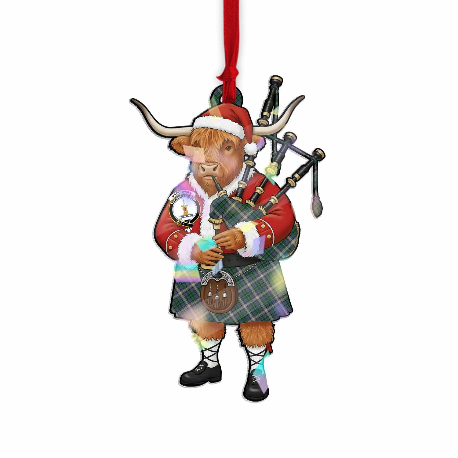 MacDowall (McDowall) Tartan Crest Christmas Highland Cow Bagpipes Hologram Ornament