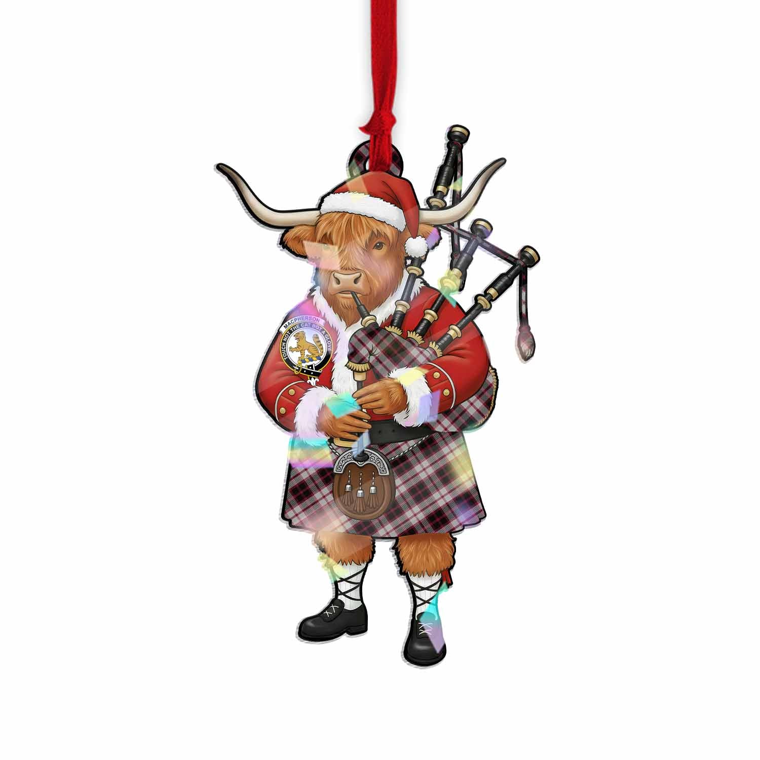 MacPherson (McPherson) Tartan Crest Christmas Highland Cow Bagpipes Hologram Ornament